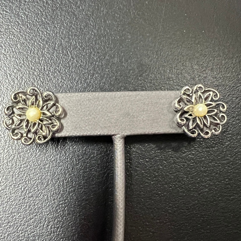 Flower Pierced Earrings Silver‎ Tone Faux Pearl Black Enamel Accent